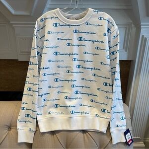 BR: NWT Champion Sweatshirt White & Multiple Blue "Champion" Word Logos Men's S